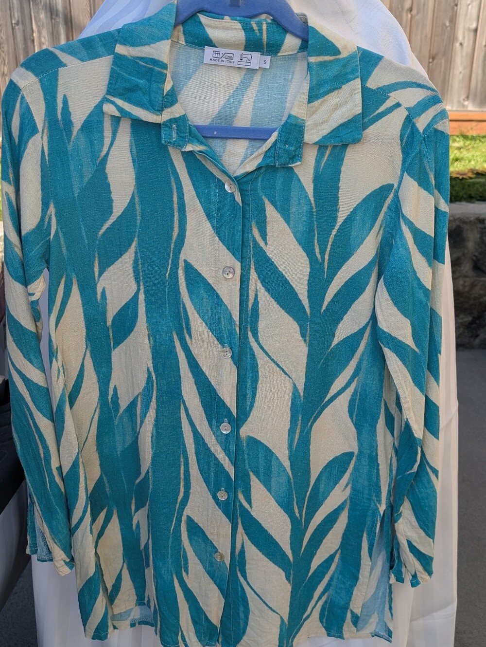 111 / lino Made in Italy Teal & Cream Leaf Print Shirt